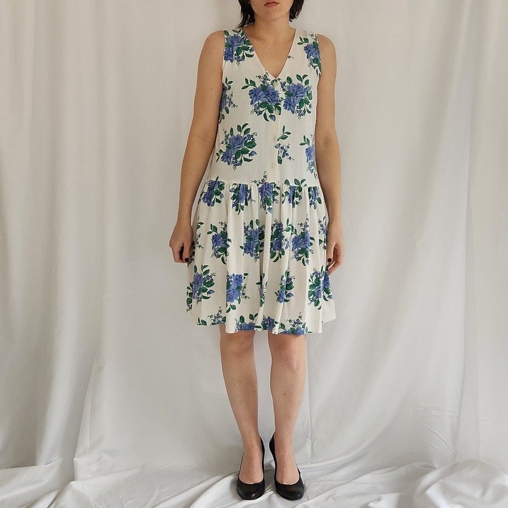 90s‎ White and Blue Rose Print Sundress